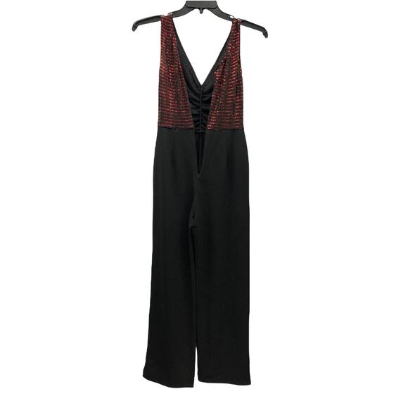 Donna Morgan Red Metallic Sequin Stretch Top Sleeveless Black V Neck  Jumpsuit - Picture 6 of 9